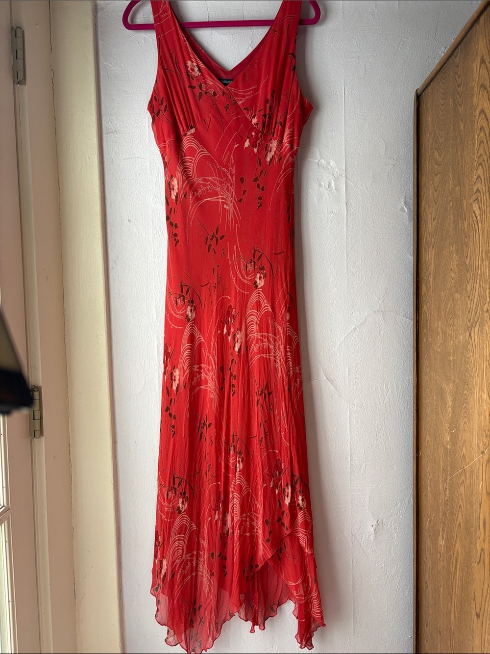 Red Floral High-Low V-Neck Silk Dress